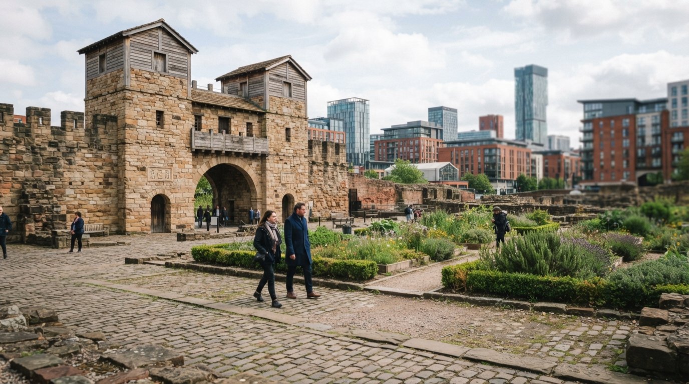 重建的Castlefield罗马堡垒北门与罗马花园,鹅卵石地面,远处是现代曼彻斯特建筑,柔和日光