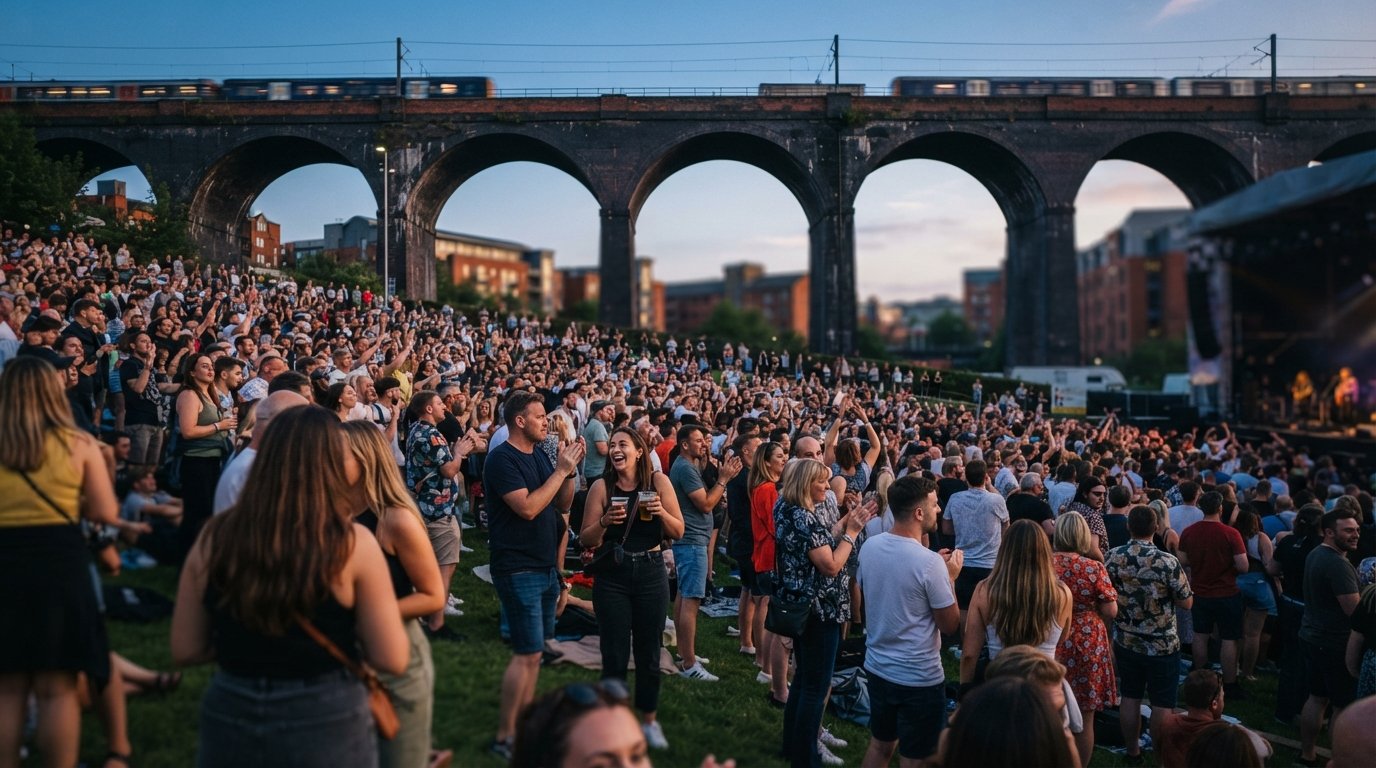 Castlefield Bowl夏季音乐会现场,人群围满草地露天剧场,上方是黑色高架桥拱门和傍晚开阔天空
