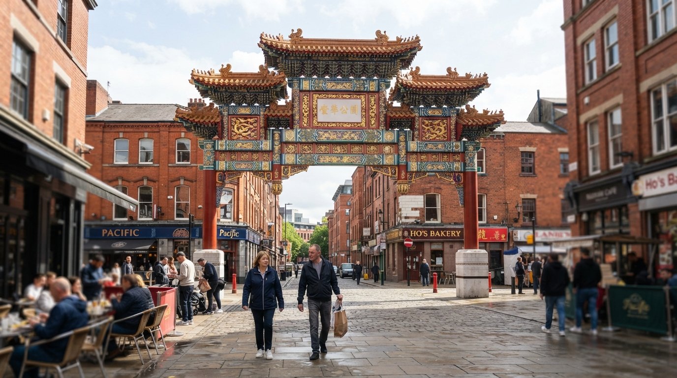 Manchester’s Imperial Chinese Arch on Faulkner Street at daylight, gold dragons and phoenixes under the three-tiered pagoda roof, with the small pedestrian square in front