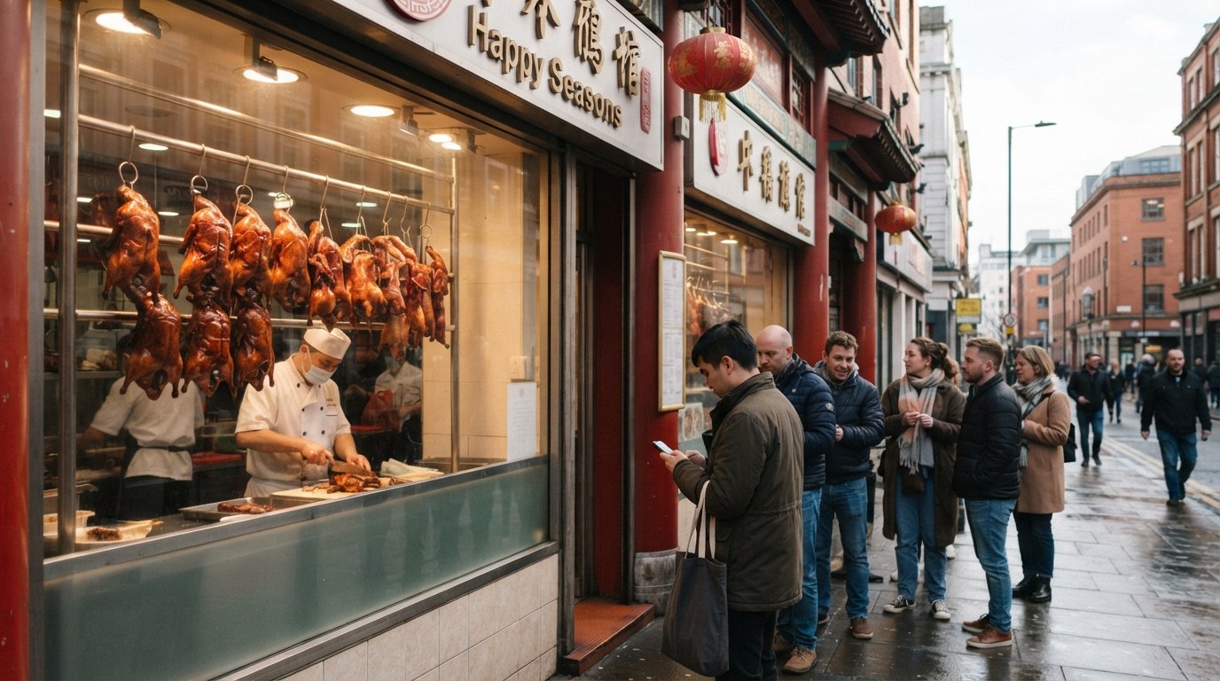 the roast-duck display at Happy Seasons on Faulkner Street, lacquer-brown meats hanging in the window and diners queuing at the door in daytime