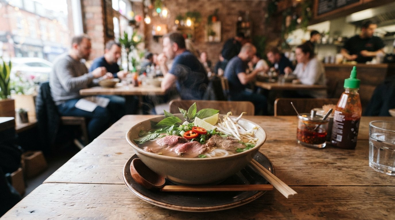 a steaming bowl of pho at Pho Cue on Faulkner Street, glossy broth, herbs and noodles in a tight tabletop shot with the restaurant’s bright interior blurred behind