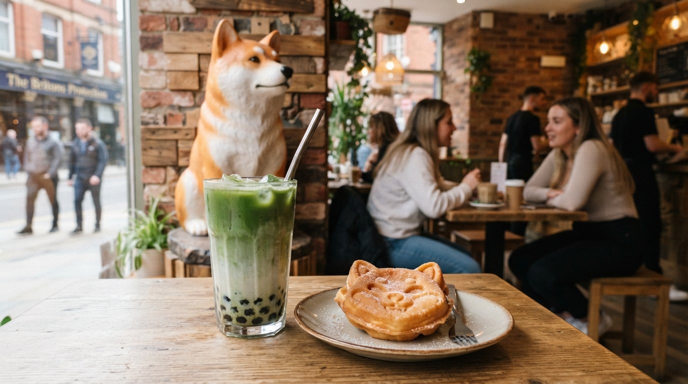a layered matcha bubble tea and dog-shaped waffle at Ohayo Tea, with the Shiba-Inu wall statue visible inside the cafe