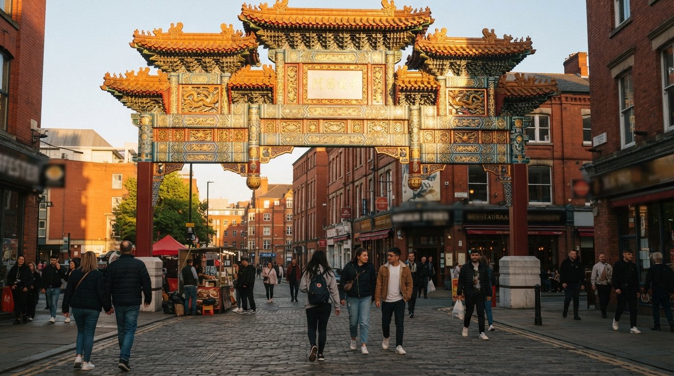 people standing beneath the Imperial Chinese Arch on Faulkner Street at golden hour, the gold-leaf carving catching the light and the square busy with foot traffic
