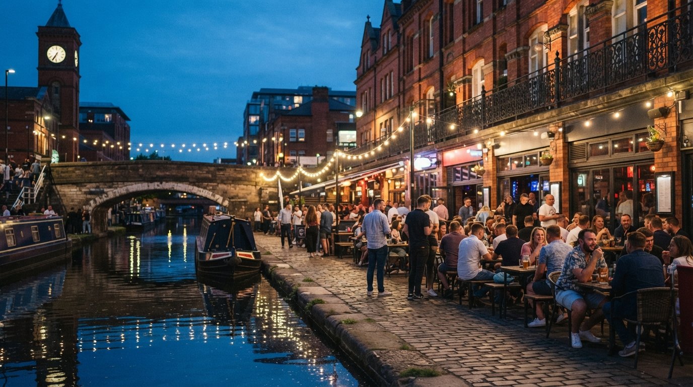 Canal Street dans le Gay Village de Manchester au crépuscule, l'eau du canal reflétant les coins victoriens et les façades de bars modernes alors que les terrasses commencent à se remplir