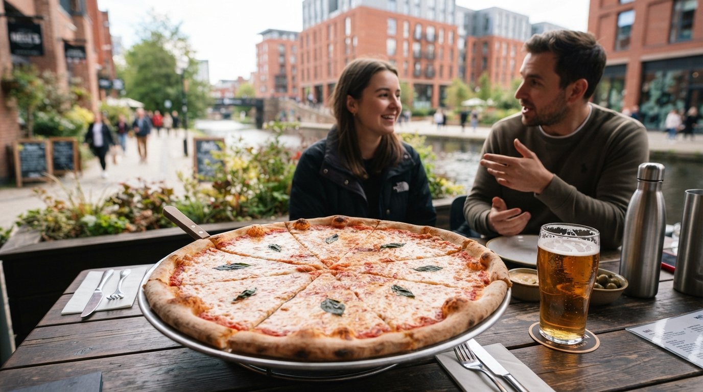 une pizza géante new-yorkaise chez Nell's à Kampus, avec une bière artisanale sur la table et le jardin au bord du canal flou en arrière-plan