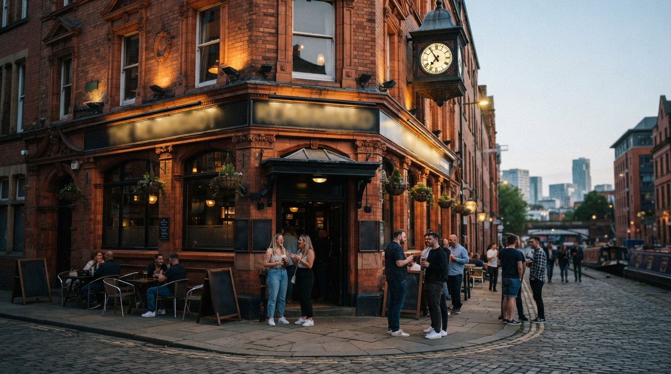 l'extérieur du Rembrandt au coin de Sackville Street, avec la lumière du soir sur la vieille façade et des gens rassemblés dehors avant le cabaret