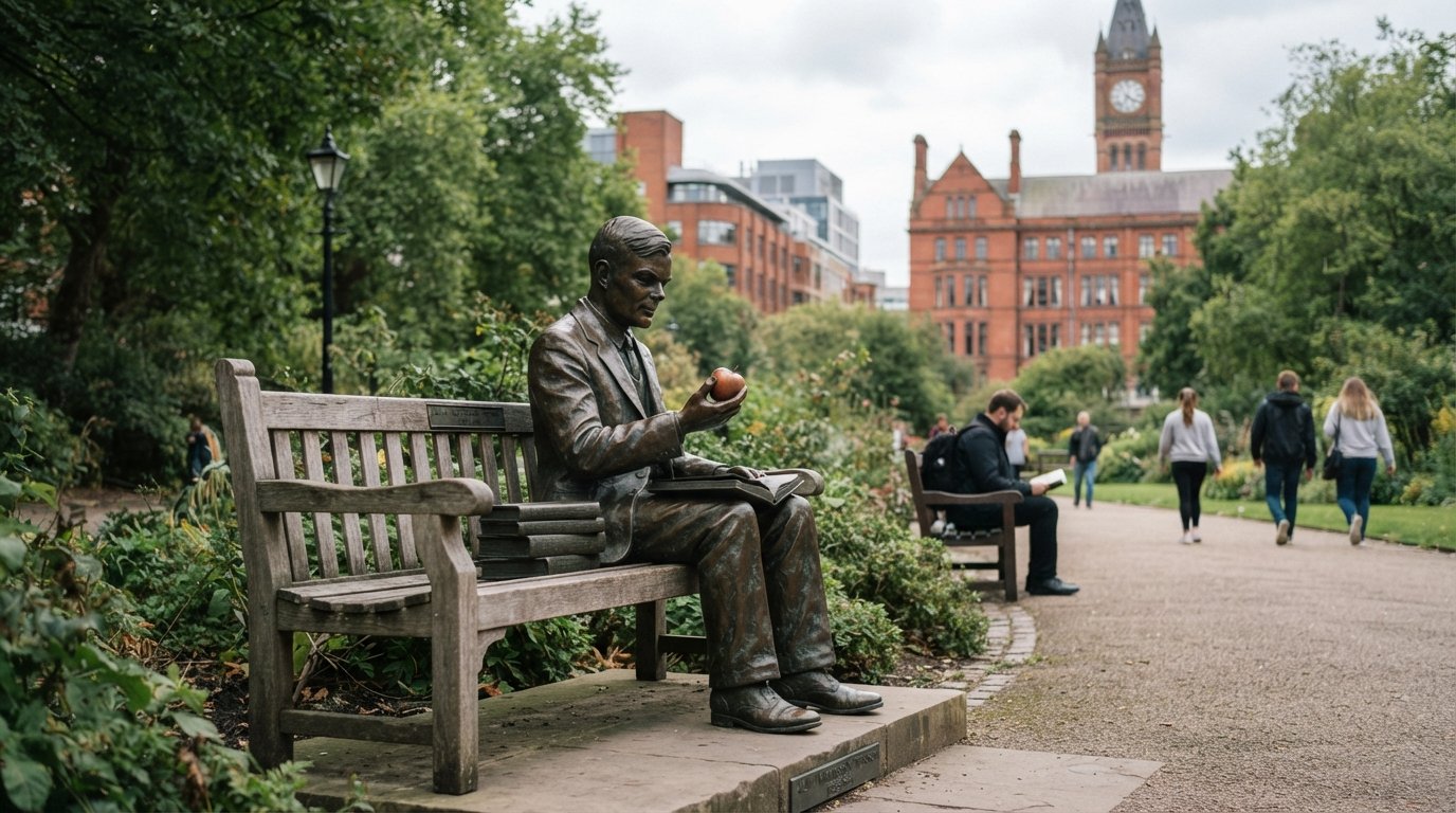 Le mémorial Alan Turing à Sackville Gardens, une figure en bronze sur un banc avec une verdure tranquille et le centre-ville autour