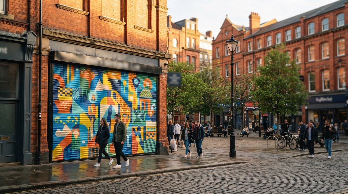 Stevenson Square in Manchester’s Northern Quarter with a fresh Outhouse Project mural on the shutters, late-afternoon light catching the brick facades and street furniture