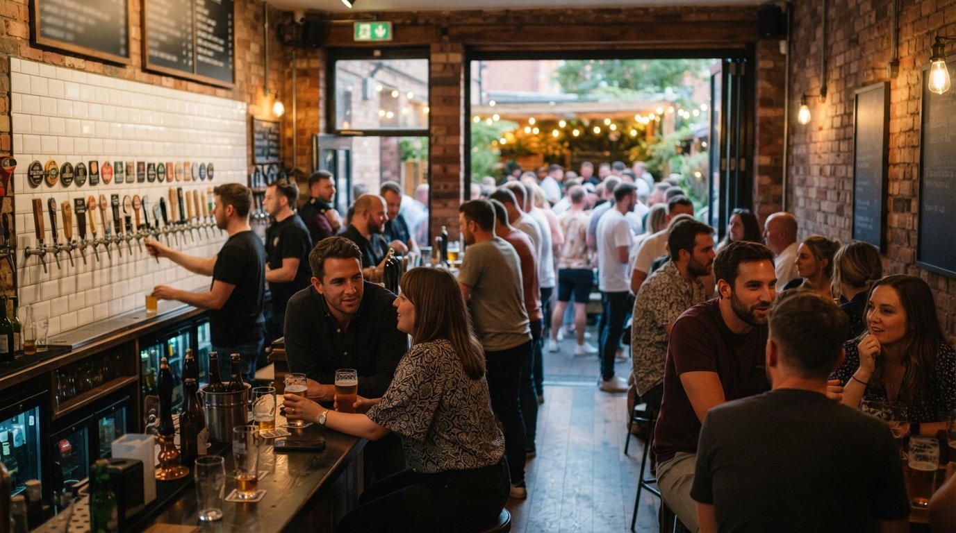 Port Street Beer House in Manchester’s Northern Quarter, a busy craft-beer bar with rotating taps and the hidden beer garden visible through the back door on a summer evening