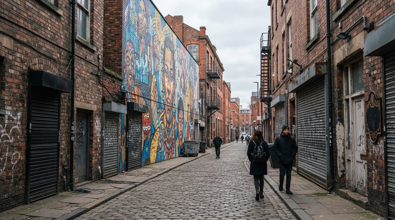 a side street off Tib Street in Manchester’s Northern Quarter with a large mural from the Cities of Hope era, brick walls, roller shutters and a slightly overcast sky
