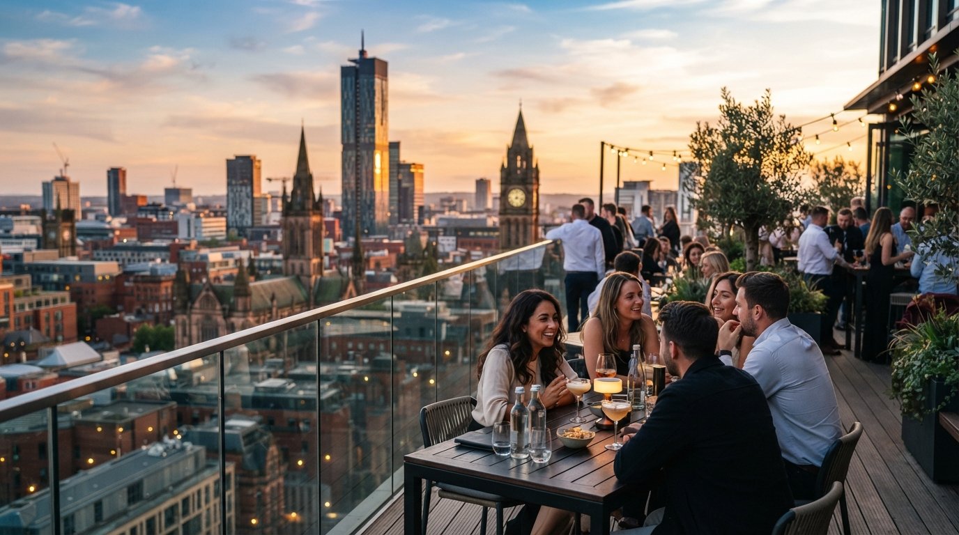 the rooftop terrace at 20 Stories on the 19th floor of No.1 Spinningfields, with Manchester’s skyline stretching out at sunset