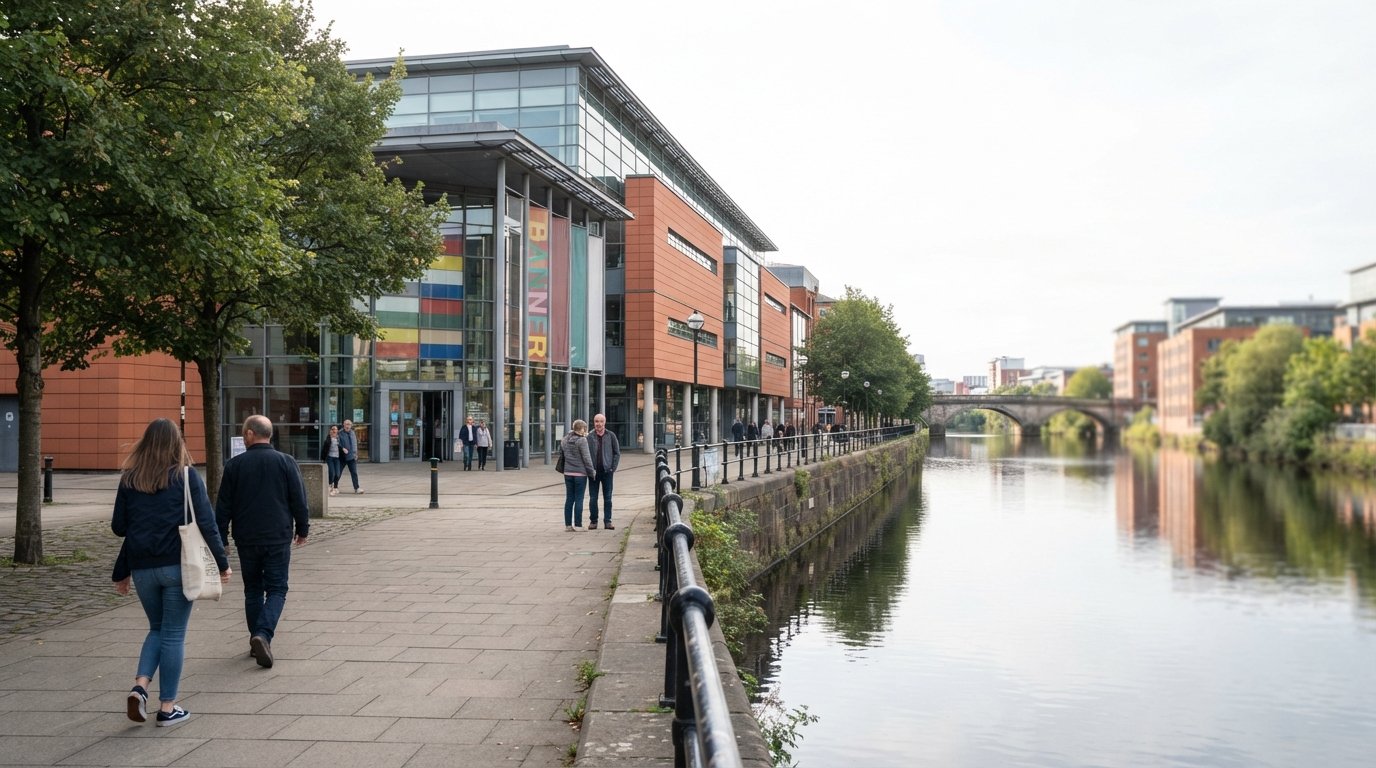the People’s History Museum on Left Bank by the Irwell, with its riverside frontage and banners-themed entrance in soft daylight